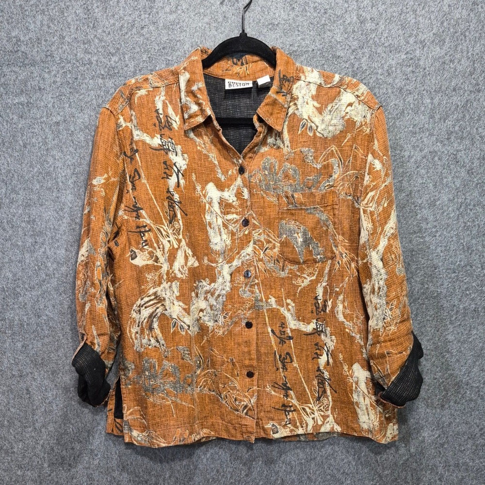 Chico's Design 100% Linen Sz 1 (M) Shirt Jacket Chinese design roll tab sleeves